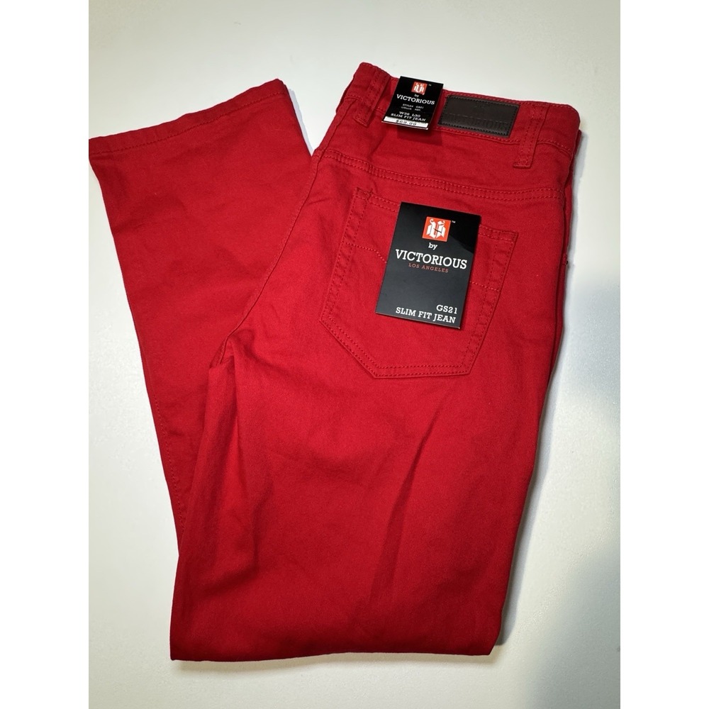 Victorious Men's Slim Fit Colored Denim Jeans Stretch Pants GS21 - Red